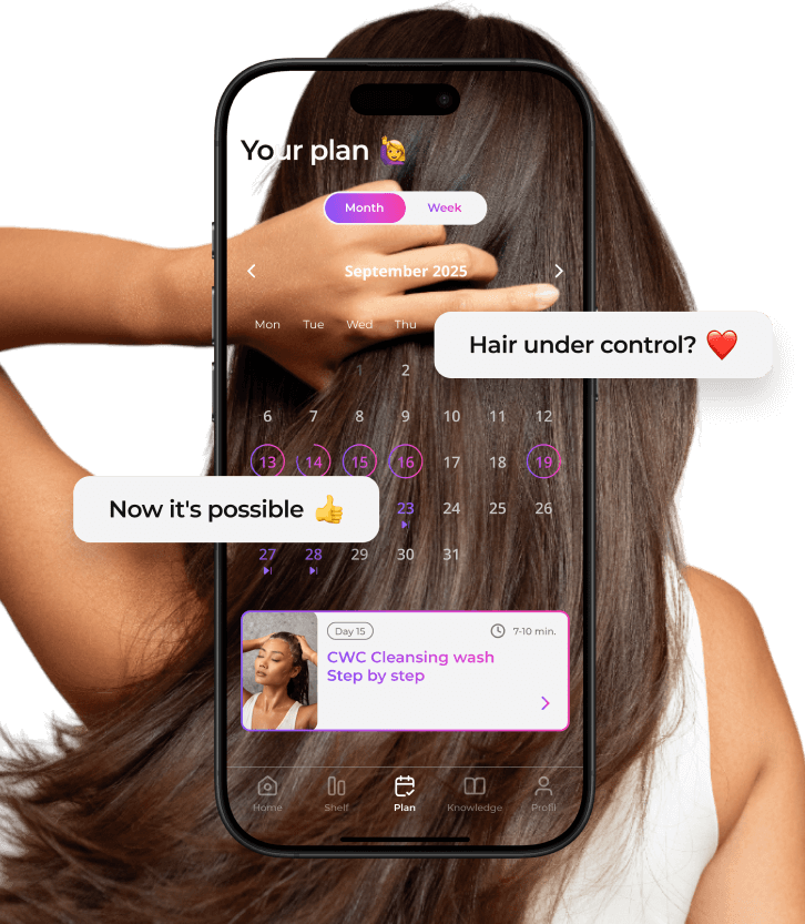 A smartphone displaying the open onlybio hair care app and OMO washing instructions, set against a backdrop of long, brown hair.